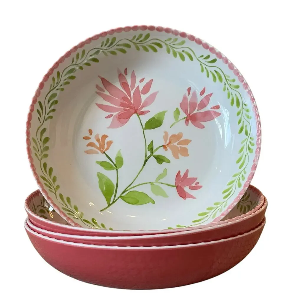 Soho Loft Floral Melamine Bowls 9in Round Pink & Green Set of 4 New
